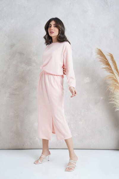 mica Soft Solid Midi Skirt with Slim Elastic Waistband