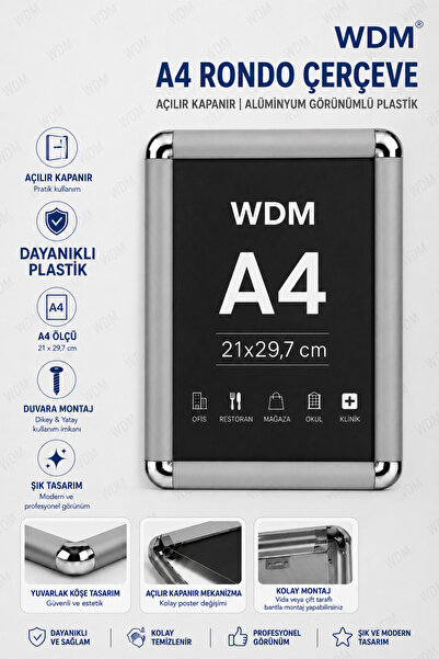WDM A4 Rondo Çerçeve - Afiş Çerçevesi - Belge Çerçevesi - Açılır Kapanır Alum...