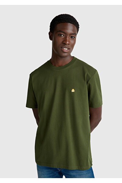 United Colors of Benetton تي شيرت رجالي كاكي 100% قطن بشعار وياقة دائرية