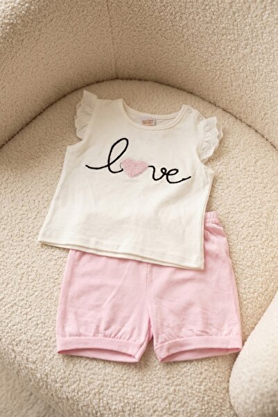 Baby Girl Love Embroidered 2-Piece Summer Suit Ruffle Sleeve Cotton T-Shirt Shorts Bottom Top Set 3-6-9-12 A