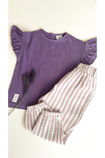 Cigit Müslin Şalvarlı T-Shirt Takım 2-10 Yaş Mor