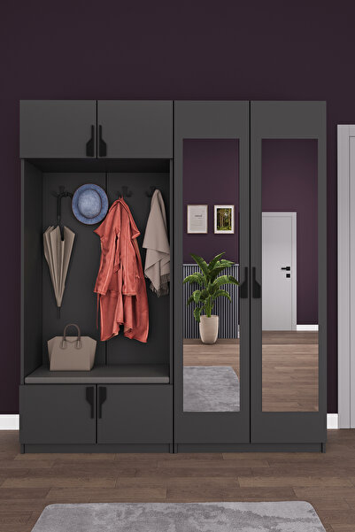 asratrend Lüks Aynalı Portmanto Askılı Vestiyer %100 MDF Çok Raflı Ayakkabılı...