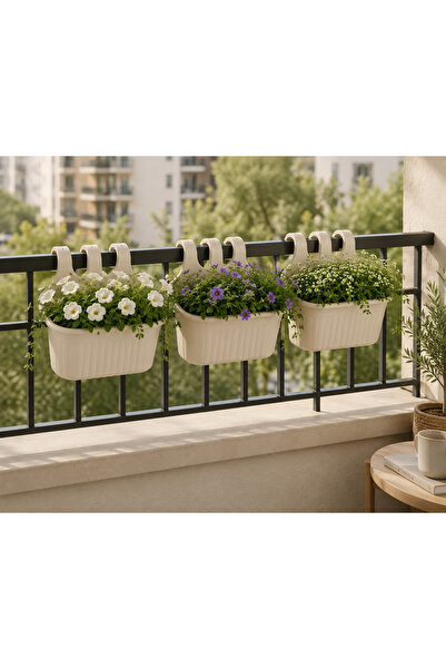 KıtayGroup Kirli Beyaz Tombik Askılı Balkon Saksı 6,5 lt 3'lü Set