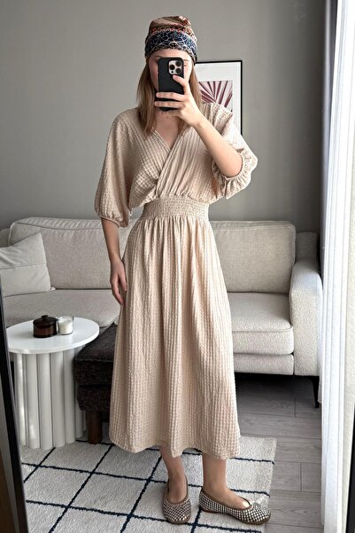 Raneel Kazançlı Alışveriş Waist gipeli double breasted collar midi dress mink