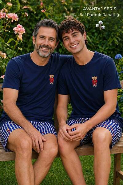 Aytuğ&Mısırlı Men's Cotton Teddy Bear Pattern Crew Neck Sort Set Navy Blue