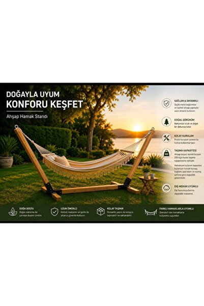 UMUTPARK METAL AYAKLI AHŞAP BAHÇE HAMAK(Meşe Renk).