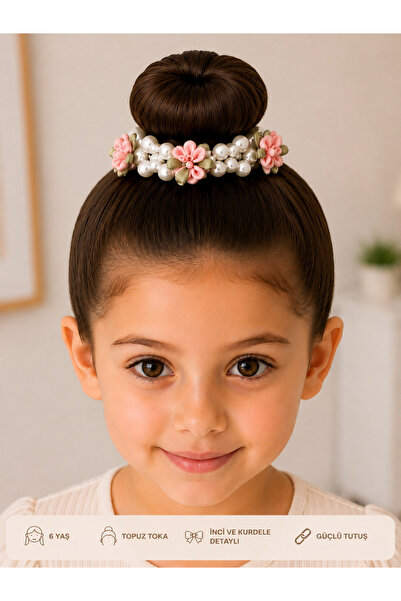 PonçiKids Kız Çocuk İncili Topuz Tokası Pembe Çiçek Detaylı Saç Lastiği El Ya...