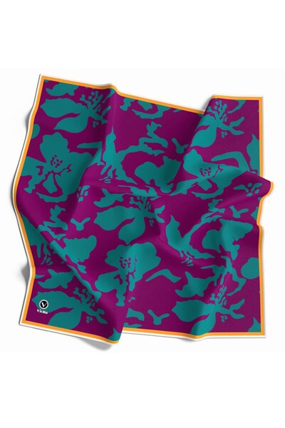 VİOLLA Twill Çiçek Desenli Mürdüm - Petrol Mavisi Renkli 90x90 Eşarp (İpek İç...