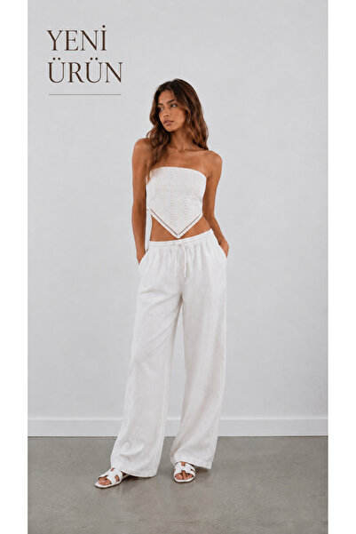LOUE STUDİO Fisto Embroidered Cotton Strapless Tie-Up Blouse