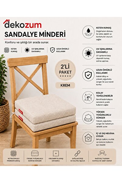DEKOZUM COMFORT PLUS Sandalye Koltuk Minderi 40x40 Bağcıklı Fermuarlı Yıkanab...