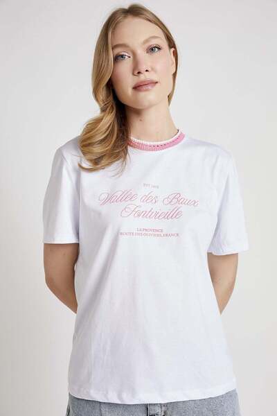 Arma Life ARMALIFE 26630 YAKASI ÖRGÜ DETAYLI BASKILI KADIN T-SHIRT