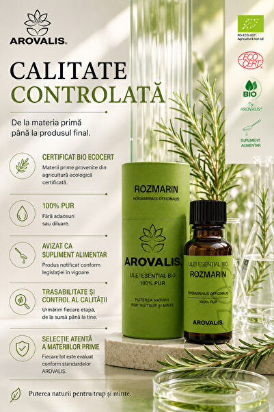 Arovalis. ULEI ESENȚIAL BIO DE ROZMARIN 30 ml (Rosmarinus officinalis – CT. Cineol) 100% PUR