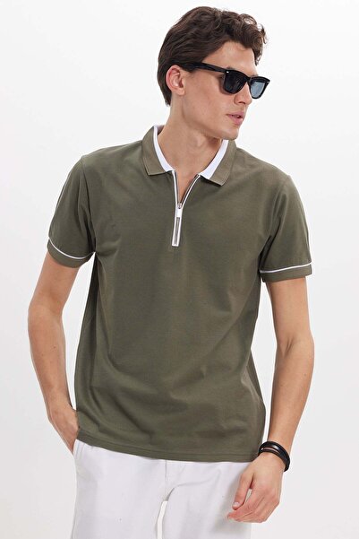 Tudors Erkek Slim Fit Dar Kesim %100 Pamuk Düz Pike Fermuarlı Haki Polo Yaka ...