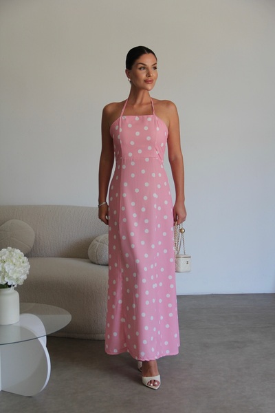 Julidress Rochie cu buline, lungime midi, cu legătură la gât