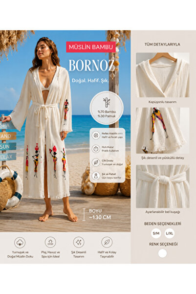 Store Müslin Bambu Kapüşonlu Bornoz 130 cm Kuşaklı Plaj & Spa Bornozu Etnik D...