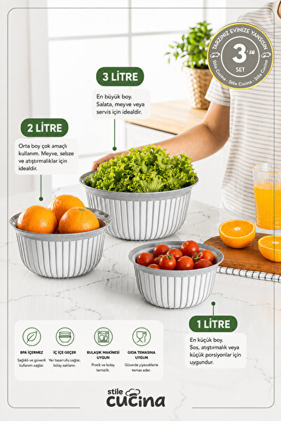 Stile Cucina 3lü Ekonomik Linea Yuvarlak Kase Seti Gri 3X (1 Litre- 2 Litre- ...