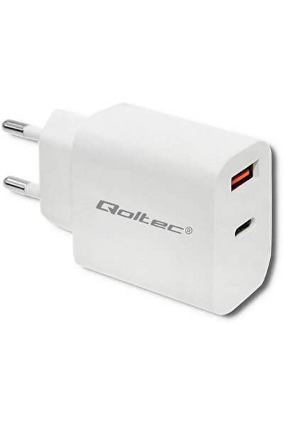 Qoltec Încărcător 51714 | 18W | 5-12V | 1.5-3A | USB tip C PD | USB QC 3.0 | Alb