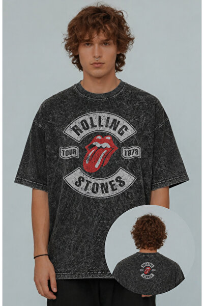 Fuddy Moda Унисекс тениска с принт на Rolling Stones на гърба, прецизно израб...