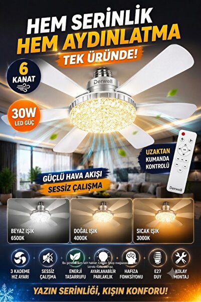 Derwell ELITLED Kristal LED Işıklı Tavan Vantilatörü 6 Kanatlı Kumandalı 30W ...