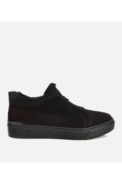 Hotiç Men's Suede Leather Black Casual Shoes with Fur Inside