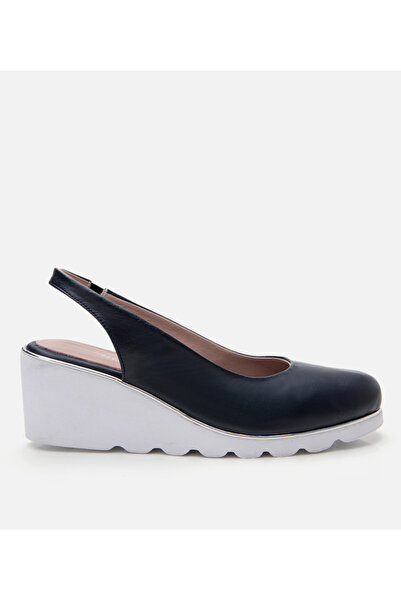 Hotiç Women's Leather Navy Blue Buckle Wedge Heeled Shoes