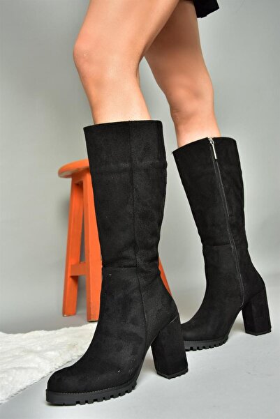 Fox Shoes R518911402 Crne ženske čizme od antilopa sa debelom petom