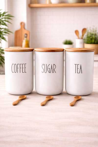 KaiHome 3lü Bambu Kapaklı 800ML Cam Çay/Kahve/Şeker Kavanoz Seti+AHŞAP KAŞIK