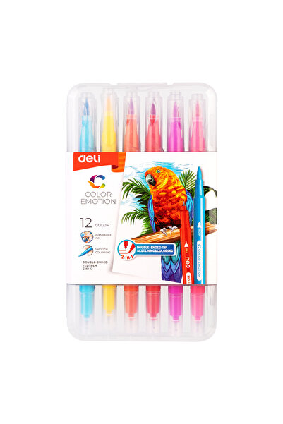 Deli Markere cu vârf tip pensulă, 12 culori, cutie din plastic