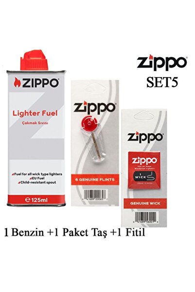 Zippo Çakmak ikmal Seti 1 Bidon Benzin 1 Fitil 1 Paket Taş Set5
