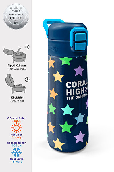 Coral High Kids Navy Blue Colored Star Patterned Steel Thermos with Straw and...