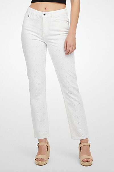 Guess Women Regular Fit Embroidered Eyelet Stretchable Denim, Off-White