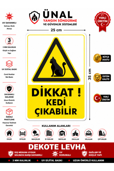ünalgrup Dikkat Kedi Çıkabilir Uyarı Yönlendirme Levhası 25*35 cm