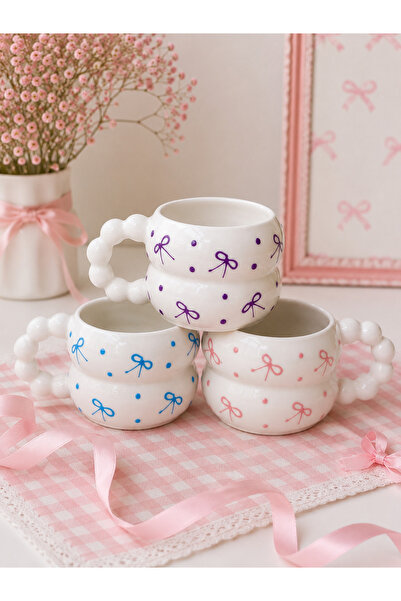 3-Piece Bead Handle BOWTIE PATTERNED SPECIAL COLORS Custom Embossed Fully Hand Embroidered Ceramic Mug