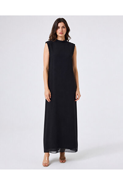 EFRAZE Straight Long Front Chiffon Black Sleeveless Lingerie Dress 778