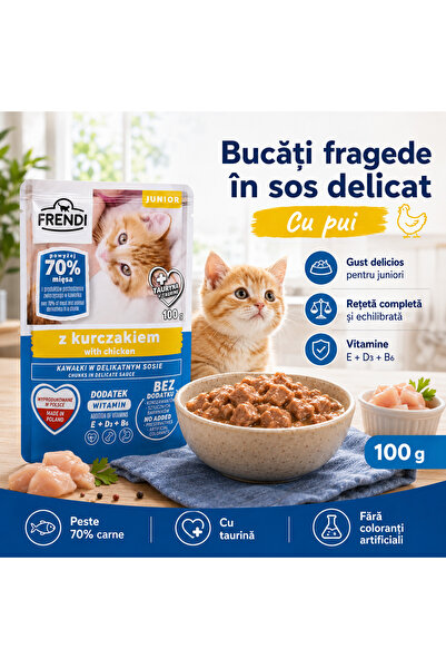 FRENDİ Cat cu Pui Junior, hrana umeda pentru pisici, Set 12 plicuri, 12 x 100 g