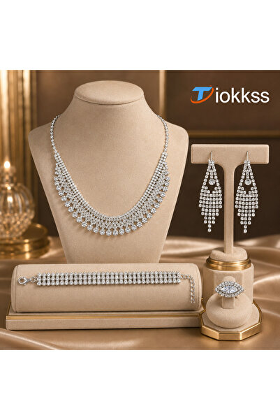 Tiokkss 5PCS Rhinestone Jewelry Set – Necklace, Earrings, Bracelet, Ring, Spa...