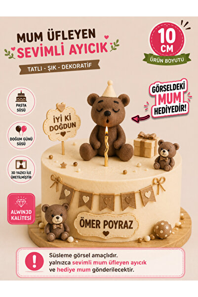 Alwin3d Mum Üfleyen Sevimli Oturan Ayıcık Figür Oyuncak 10cm