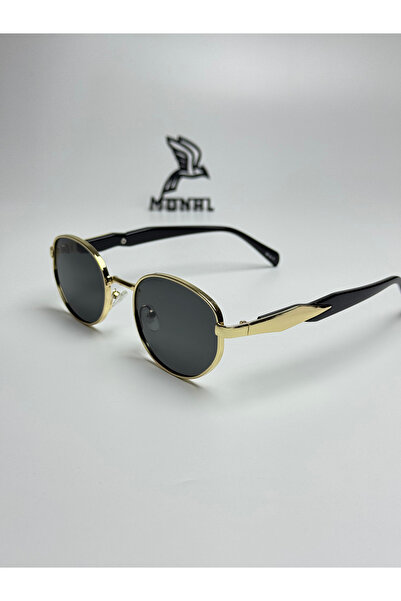 MONAL نظارات شمسية PERY BLACK بإطار ذهبي بيضاوي وزجاج عضوي أسود 50 Ekartman