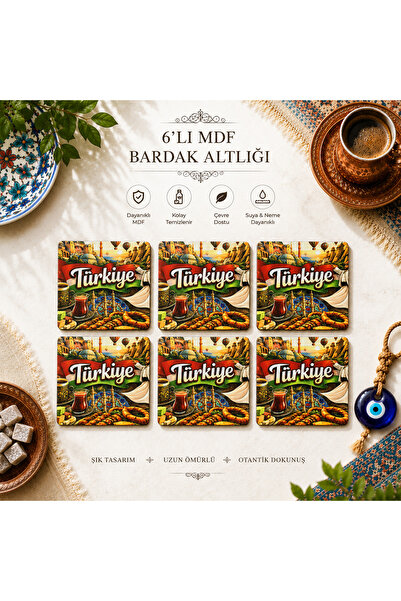 UPEKA 6'lı Vintage Şık Tasarım Mdf Ahşap Dekoratif Hediyelik Bardak Altlığı Türkiye