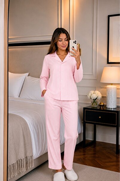 CASPARA Women's Pink Striped Buttoned Cotton Ultrasoft Milan Pajama Set Relax...