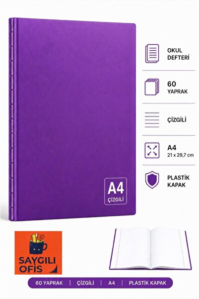 SaygılıOfis 60 Yaprak A4 DİKİŞLİ DÜZ Pp Kapak ÇİZGİLİ Defter