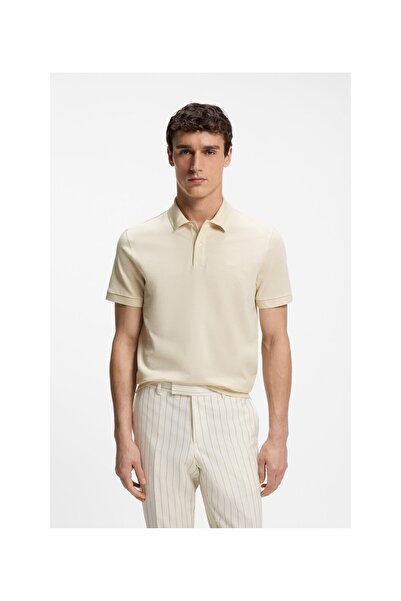 BOSS Erkek Polo Yaka Regular Fit Pamuklu Kısa Kollu Ekru Polo Yaka T-Shirt
