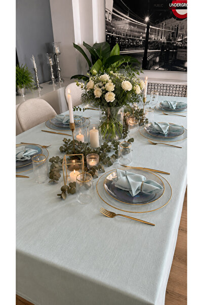 Decamor home Royal Keten Dokulu Bulut Mavi Masa Örtüsü (PEÇETE DAHİL DEĞİLDİR )