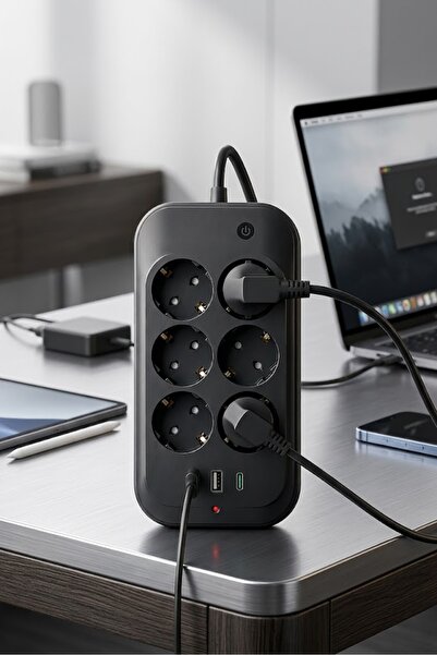 The Wlue Çoklu 6'lı Priz Akım Korumalı | 2500 Watt | 2 x USB-A | 1 x USB-C | 2 Metre | Anahtarlı | Çocuk Korumalı