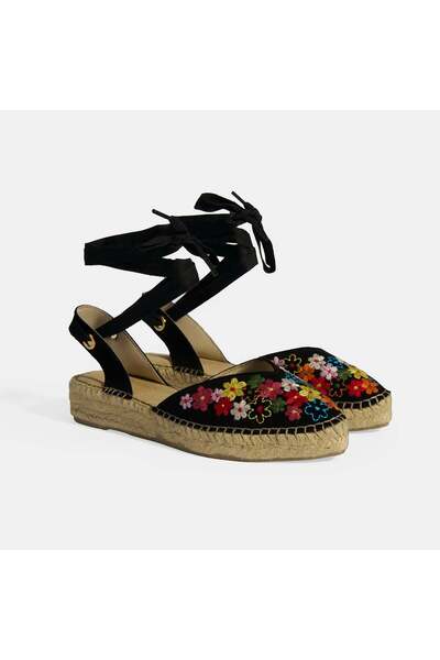 Desa Limited Edition Siyah Kadın Çiçek Nakışlı Jüt Bağcıklı Slingback Espadril