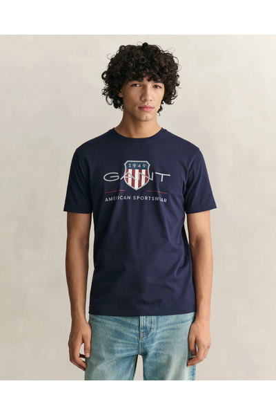 Gant Erkek Lacivert Regular Fit Bisiklet Yaka Logolu T-Shirt