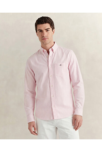 Gant Erkek Pembe Regular Fit Çizgili Logolu Gömlek