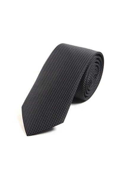 Sade Kravat Black and White Small Patterned Plain Thin Tie 14554 Black