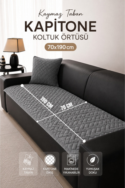 vivamia Kaymaz Taban Kapitone Koltuk Örtüsü Çekyat Koruyucu (70x190 cm) Gri
