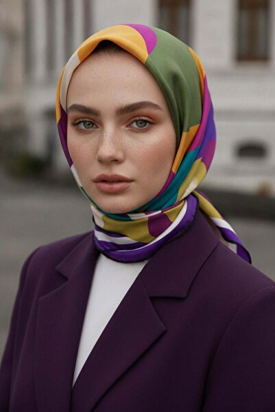 Vissona 100% Twill Silk Geometric Patterned Purple - Petrol Green Colored 90X...